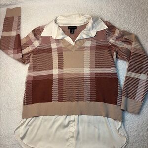 Adrienne Vittadini Plaid V-Neck Sweater with Cream Collar